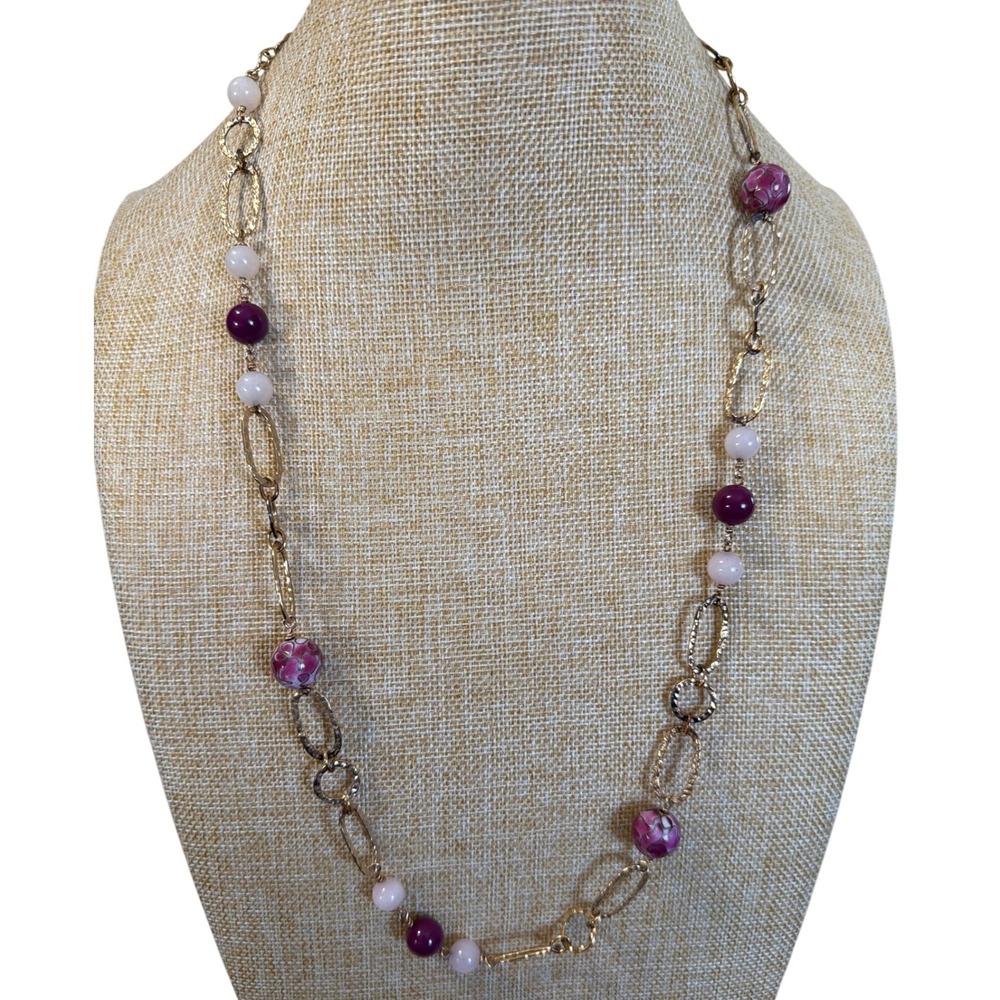 Gold‎ Tone Purple and Pink Beaded Long Oval Link Station Necklace Boho Layering